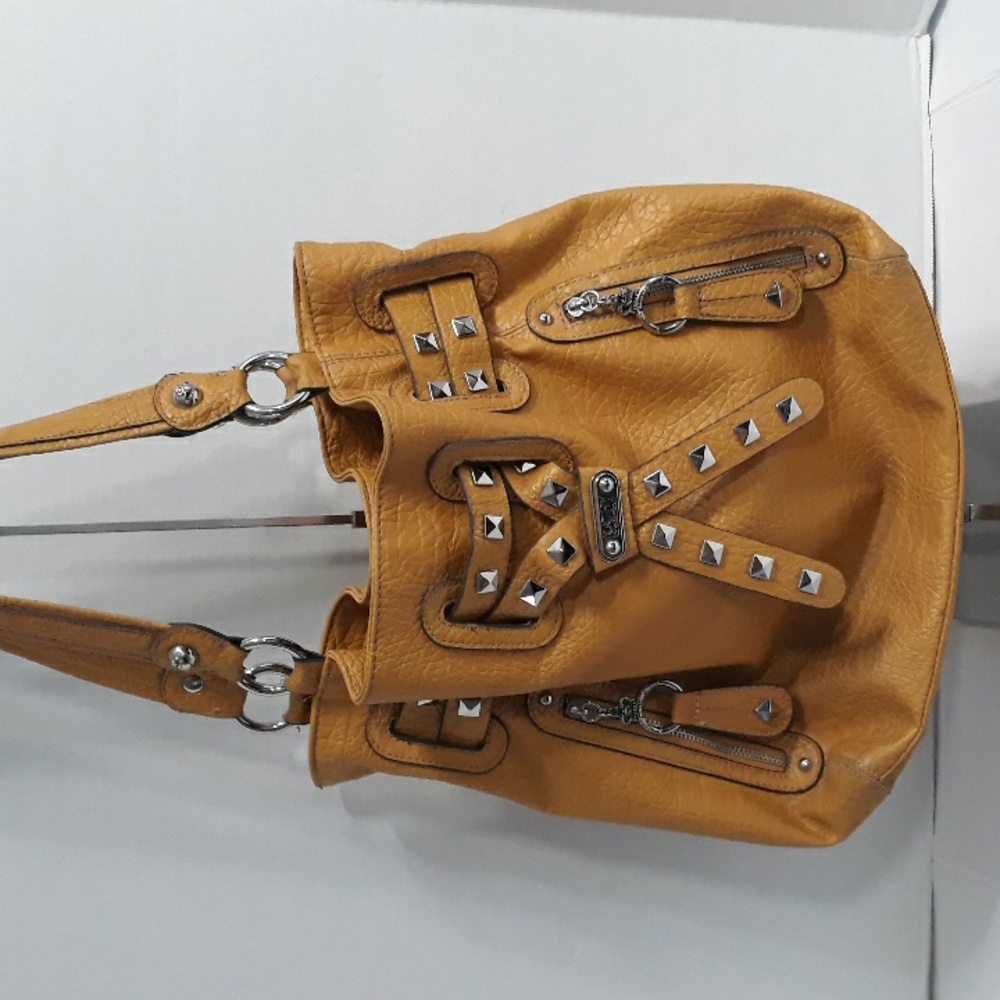 Kathy Van Zeeland Metal Studded Drawstring Bucket Bag In Mustard Yellow *EUC* - Picture 2 of 11